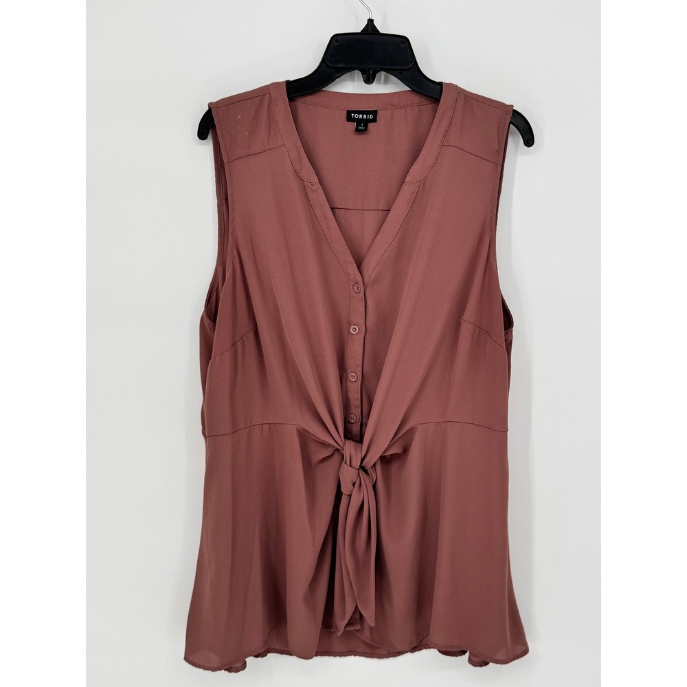 Torrid Tie Front Blouse Womens 1X Mauve Rose Good Sleeveless V-Neck Peplum Top